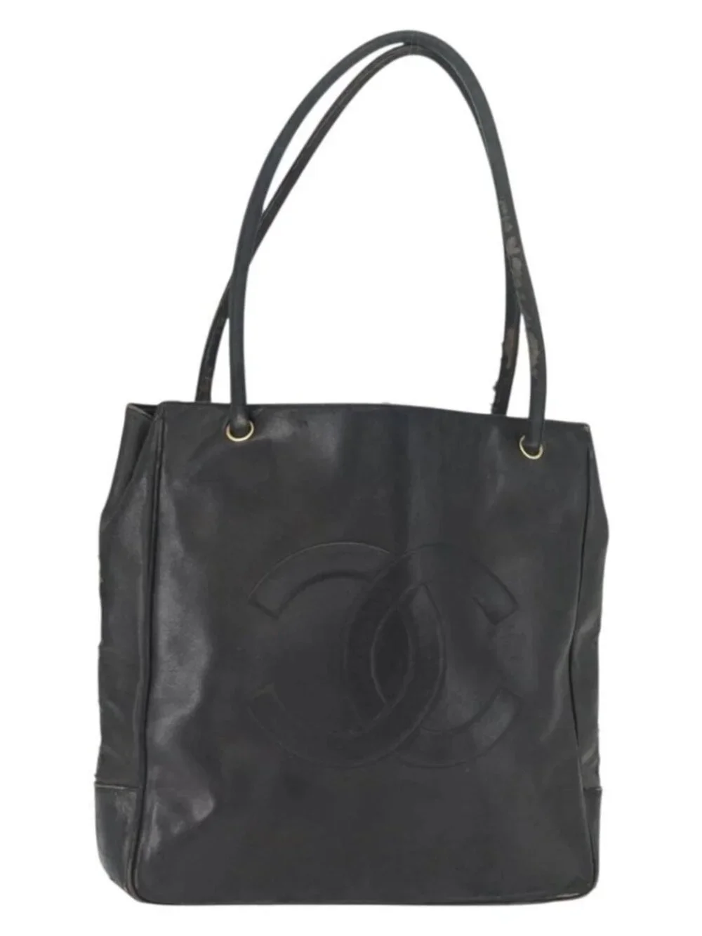 CHANEL Shoulder Bag Lamb Skin Black Gold CC Auth BA9188